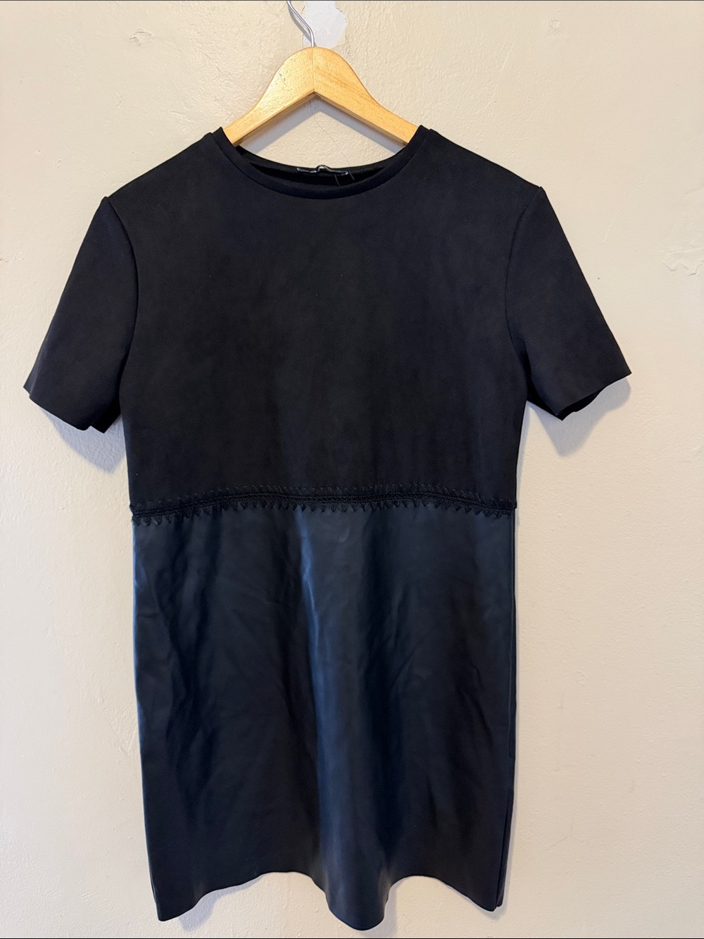 Zara Black Short-Sleeve Faux-Leather Panel Mini Dress